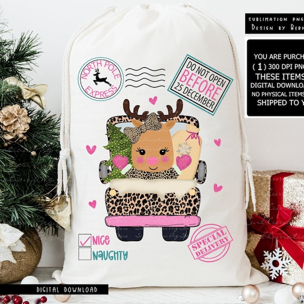 Reindeer Santa Sack Sublimation Png Design Digital Download, Santa Bag Png Design, Christmas Truck With Reindeer Png, Christmas Sublimation,