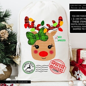 Rentier Santa Sack Png Sublimationsdesign Digitaler Download, Weihnachten Rentier Png, Buffalo Plaid Rentier Png, Mädchen Rentier Png, Weihnachten