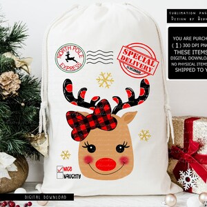 Rentier Santa Sack Png Sublimationsdesign Digitaler Download, Weihnachten Rentier Png, Buffalo Plaid Rentier Png, Mädchen Rentier Png, Weihnachten