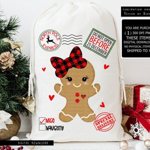 Weihnachtssack Png Sublimationsdesign Digitaler Download, Lebkuchen Png, Lebkuchenmädchen mit Schleife, Weihnachtsgeschenk Tasche Png Design, Weihnachtssack Png