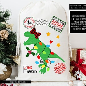 Dinosaurier Santa Sack Png Sublimationsdesign Digitaler Download, Weihnachten T-Rex Png, Santa Tasche Png-Datei, Weihnachtsgeschenk Tasche Png, Santa Pack Png