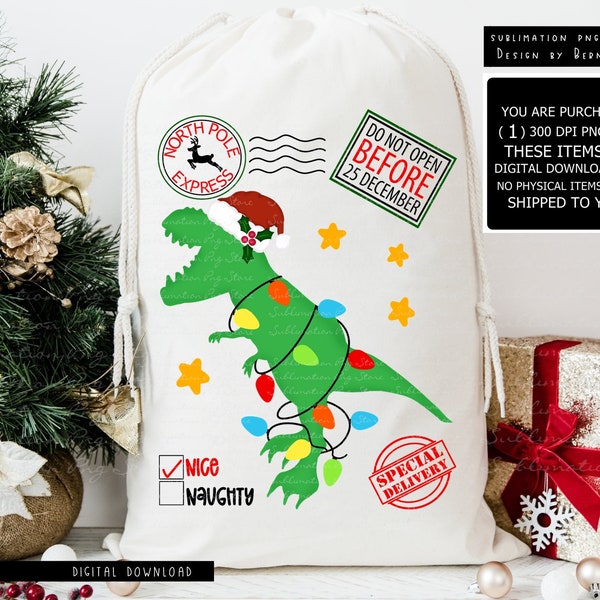 Dinosaur Santa Sack png Sublimation Design Digital Download, Navidad T-Rex Png, Santa Bag Png File, Santa Present Bag Png, Santa Pack png