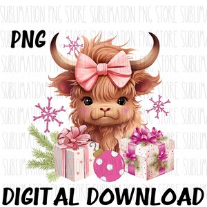 Bebê Highland Cow Natal Png, Cute Bebê Highland Cow Png Sublimação Design Digital Download