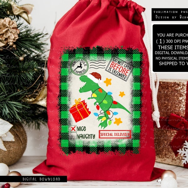 Dinosaur Santa Sack png Sublimation Design Digital Download, Navidad T-Rex Png, Santa Bag Png File, Santa Present Bag Png, Santa Pack png