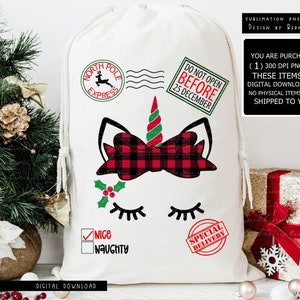 Einhorn Weihnachtsmann Sack Sublimation Png Design Digitaler Download, Weihnachtsmann Tasche Png Design, Weihnachten Einhorn Png, Weihnachten Sublimation, Plaid Weihnachten