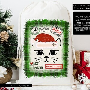 Katze Weihnachtssack Png Sublimationsentwurf Digitaler Download, Weihnachtskatze Png, Weihnachtsmann-Sack-Png-Datei, karierter Weihnachtsmann-Pack Png-Design, Kitty Png, Katze
