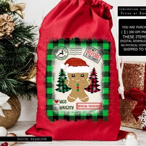 Weihnachtsmann Sack Png Sublimationsdesign Digitaler Download, Lebkuchen Png, Weihnachtsmann Tasche Png-Datei, karierter Baum, Weihnachtsgeschenk Tasche Png, Weihnachtsmann Paket Png