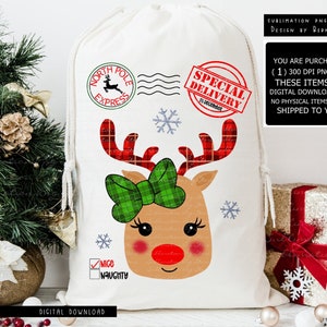 Rentier Santa Sack Png Sublimationsdesign Digitaler Download, Weihnachten Rentier Png, Buffalo Plaid Rentier Png, Mädchen Rentier Png, Weihnachten