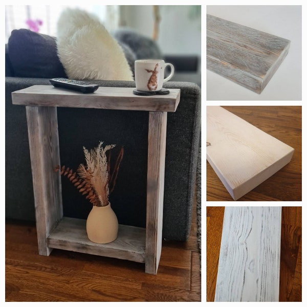 Rustic wooden end table, Slim narrow side table, sofa table, solid coffee table, mug rest, Rustic grey wash, White wash and dark white wash