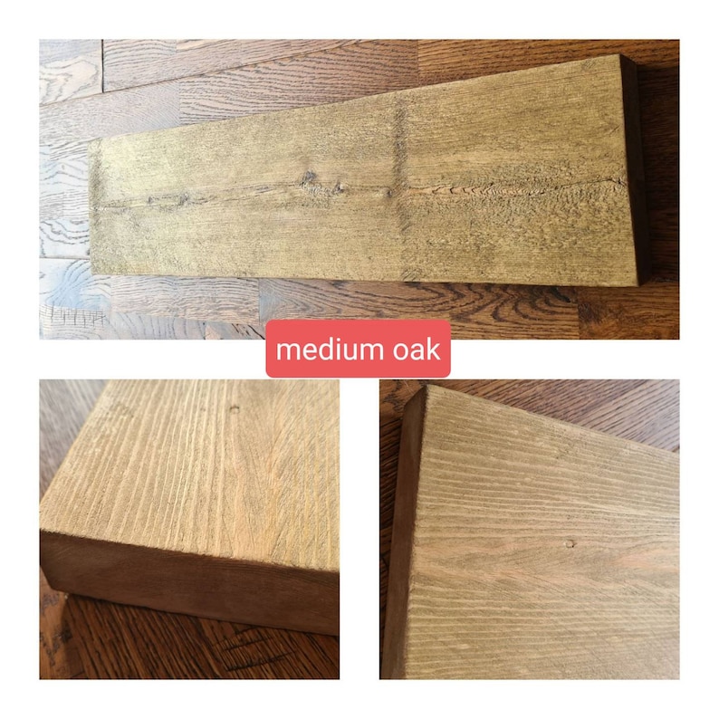 Puede incluir: Primer plano de una tabla de madera te&ntilde;ida en color roble medio. La veta de la madera es visible y la superficie es lisa. La tabla est&aacute; sobre una superficie de madera.