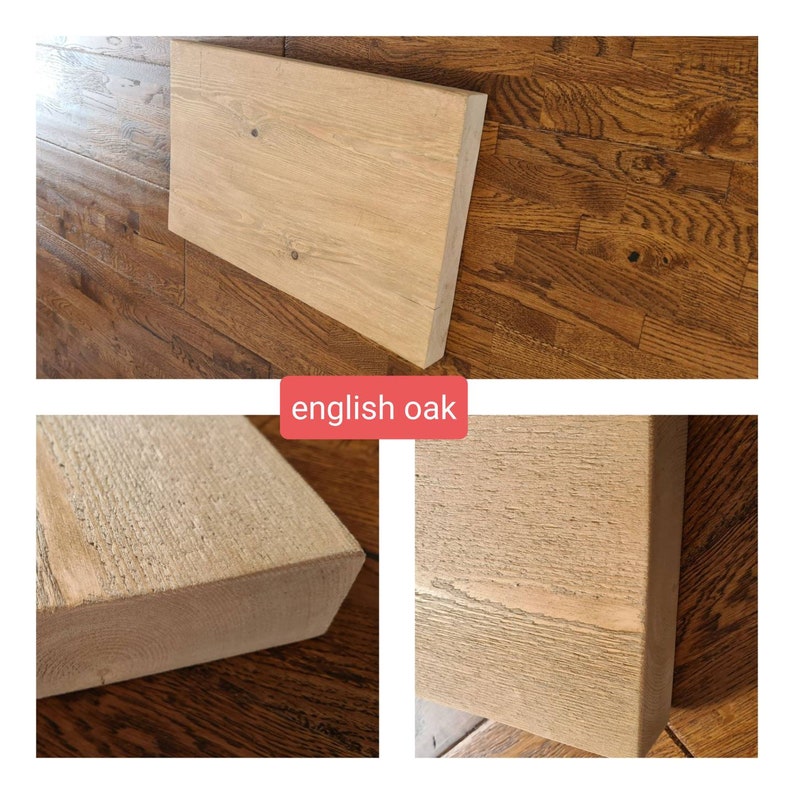 Puede incluir: Primer plano de una tabla de madera marr&oacute;n claro con una superficie lisa y ligeramente texturizada. La madera est&aacute; etiquetada como "roble ingl&eacute;s".