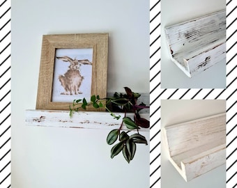 Rustic white photo shelf, White wash, Handmade wooden ledge floating shelf, Wall Mounted, Picture display, Shallow, Distressed, Gift, Slim