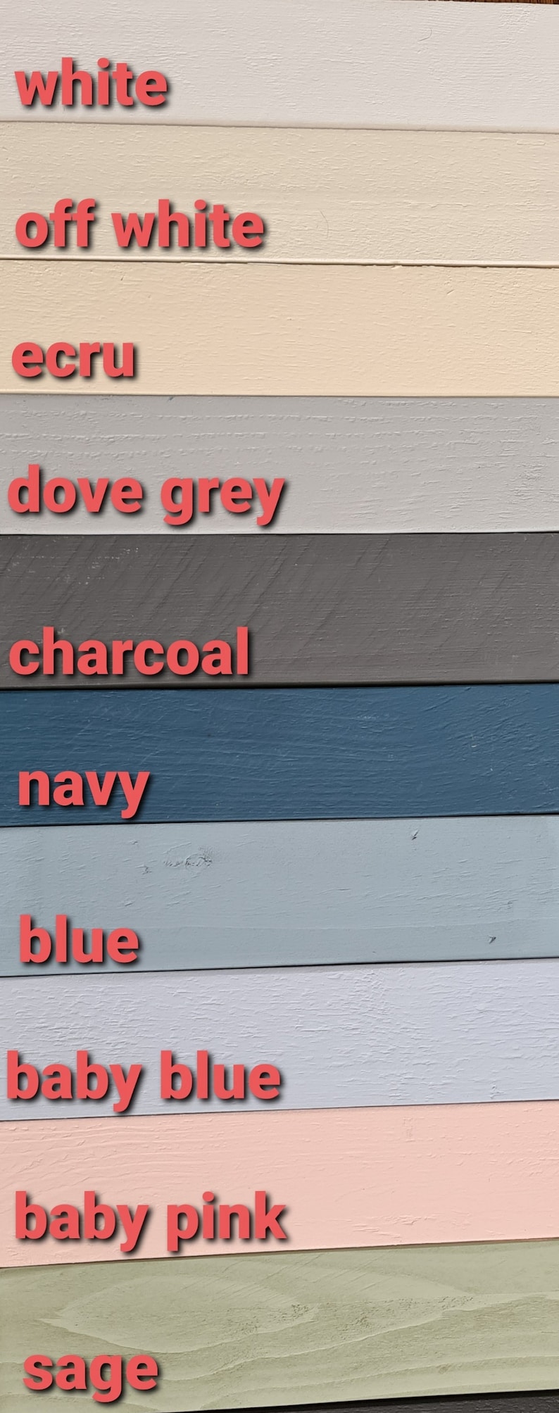 May include: A color palette featuring painted wooden planks in various shades. Colors include white, off-white, ecru, dove grey, charcoal, navy, blue, baby blue, baby pink, and sage. Each color is labeled with a corresponding text.