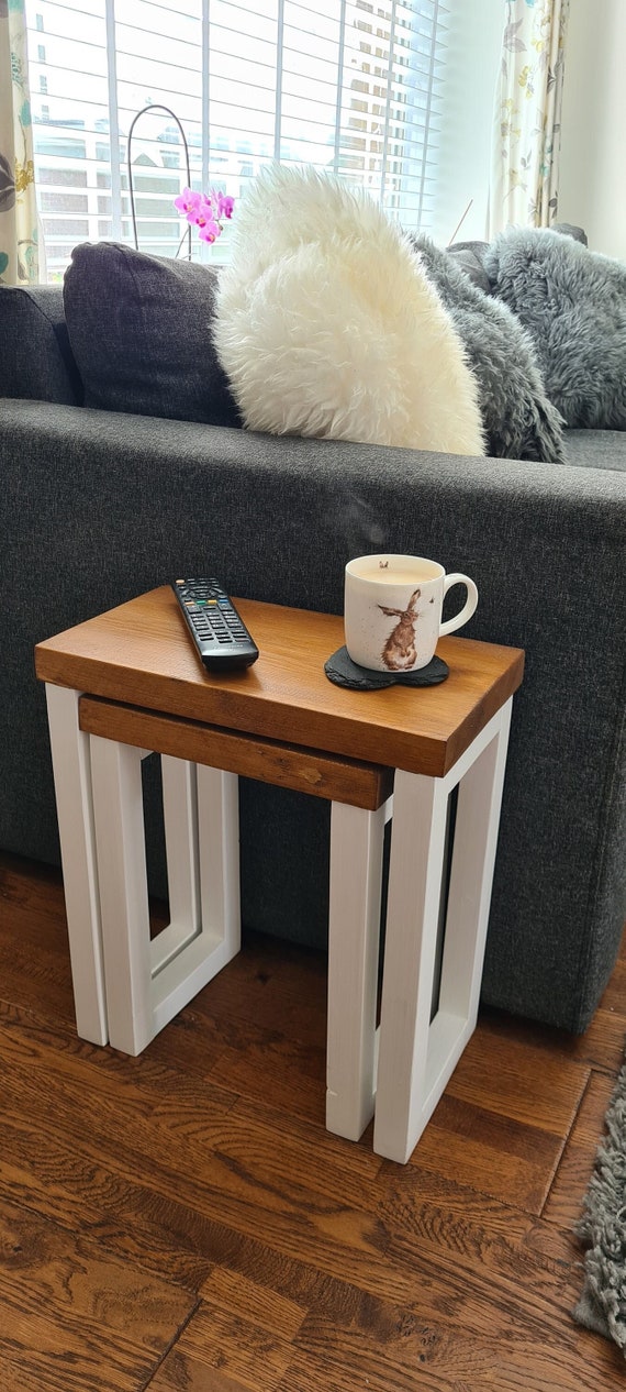 Rustic wooden end table, Sofa side table, Solid coffee table, mug rest, Nest of tables, Bedside lamp table