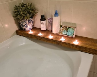 Rustic Wooden Bath Caddy Tray, Bathroom Board with candles, Candle holder, Bathroom organiser, gift, Spa, Relax, Romantic, Tidy, Universal