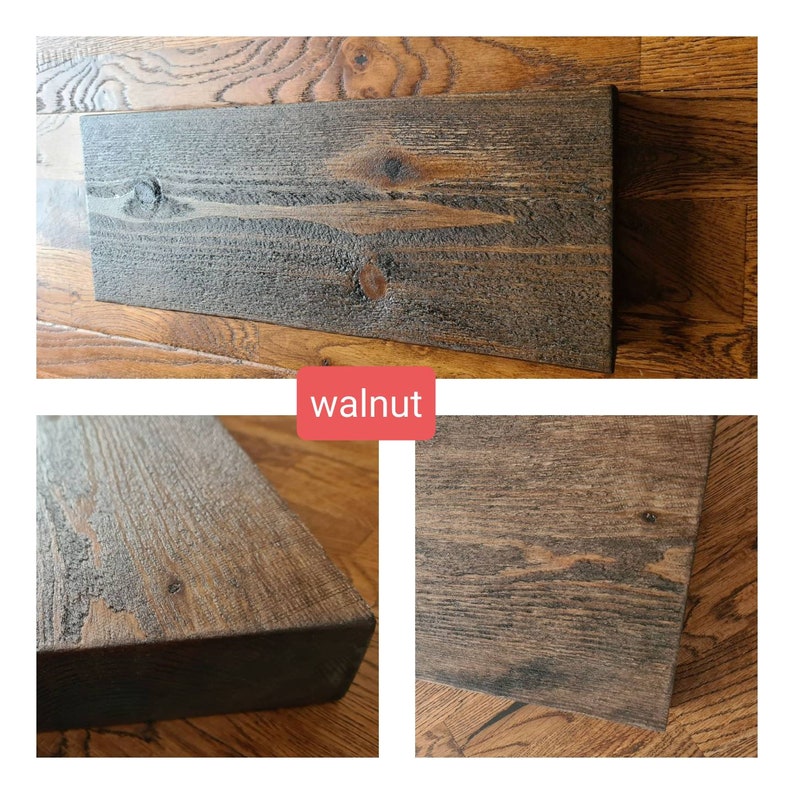 Puede incluir: Primer plano de una tabla de madera marr&oacute;n oscuro con un patr&oacute;n de veta de madera natural. La madera tiene un aspecto ligeramente desgastado, con algunos nudos e imperfecciones. La madera est&aacute; etiquetada como "walnut".