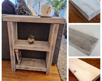 Mesa auxiliar rústica de madera con estante, mesa auxiliar estrecha y delgada, mesa de sofá, reposa tazas, lavado gris rústico hecho a mano, lavado blanco o lavado blanco oscuro