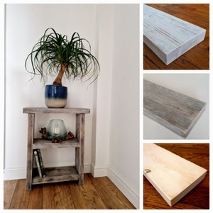 May include: A rustic wooden shelf with a distressed white finish. The shelf is shown in three different angles, highlighting the wood grain and white paint.
