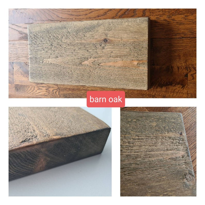 Puede incluir: Primer plano de una pieza de madera te&ntilde;ida de un color marr&oacute;n oscuro con un tono gris. La madera tiene un aspecto r&uacute;stico y desgastado. El texto "barn oak" est&aacute; impreso debajo de la madera.