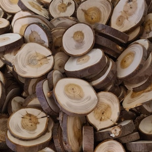 May include: A pile of round wooden slices, each with a different grain pattern and a natural brown colour. The slices are stacked on top of each other, creating a textured and rustic look.
