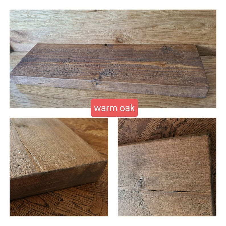 Puede incluir: Primer plano de una estanter&iacute;a de madera te&ntilde;ida en color roble c&aacute;lido. La estanter&iacute;a tiene un aspecto r&uacute;stico con nudos y patrones de veta visibles. La madera es lisa y pulida.