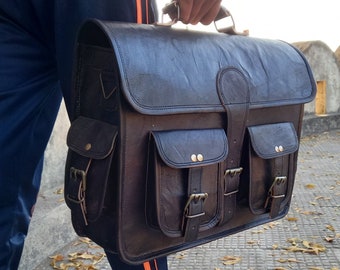 Handmade Black Leather Messenger Bag: Large Laptop Briefcase