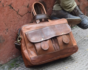 Handmade Leather Messenger Bag: Large Brown Leather Laptop Briefcase