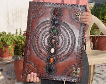 Handmade Extra Large Leather Journal Writing Notebook Lined Unlined Paper Journal with lock Book of Shadows Seven stone Journal Gifts