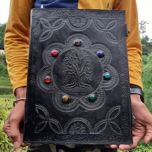 Personalized Tree of life Journal Seven stone Notebook with lock Extra Large leather Writing journal Best Gift for men & women Handmade book