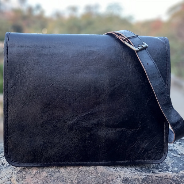 Handmade Black Leather Crossbody Bag: 15" Laptop Messenger Satchel