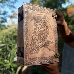 Diario de cuero Celtic Owl de 600 páginas Cuaderno grande de cuero Grimoire Book Of Shadows Diario rayado/sin raya Diario de escritura de cuero grueso Regalos