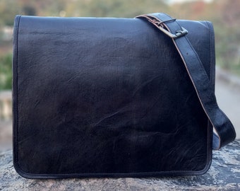 Handmade Black Leather Crossbody Bag: 15" Laptop Messenger Satchel