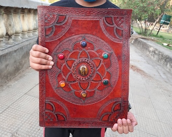 Handmade Brown Leather Journal: Embossed Chakra Stone Book of Shadows