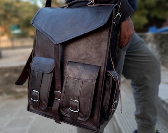 Handmade Black Leather Laptop Backpack: Men's Travel Rucksack