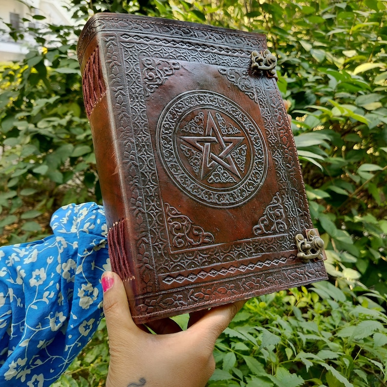 Personalized Leather Book of Shadows: Embossed Pentagram Journal image 1