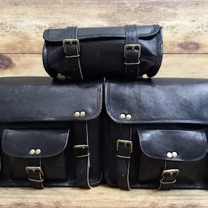 Handmade Leather bag Saddlebags Black Leather Motorcycle Bag Saddle Panniers Tool Pouch Set of 3 bags