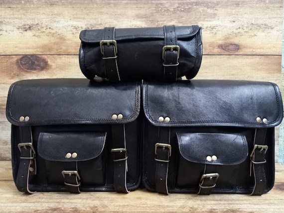 Handgemaakte leren tas zadeltassen zwart leren motortas zadeltassen gereedschapstas set van 3 tassen Etsy Belgie