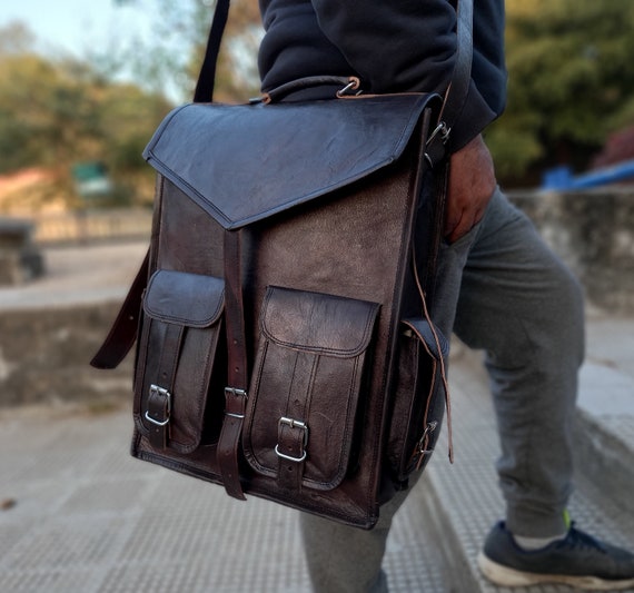 Handmade Black Leather Laptop Backpack: Men's Travel Rucksack