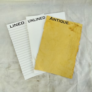 Puede incluir: Tres hojas de papel, una rayada, una sin rayar y una antigua, con las palabras "LINED", "UNLINED" y "ANTIQUE" escritas en ellas.