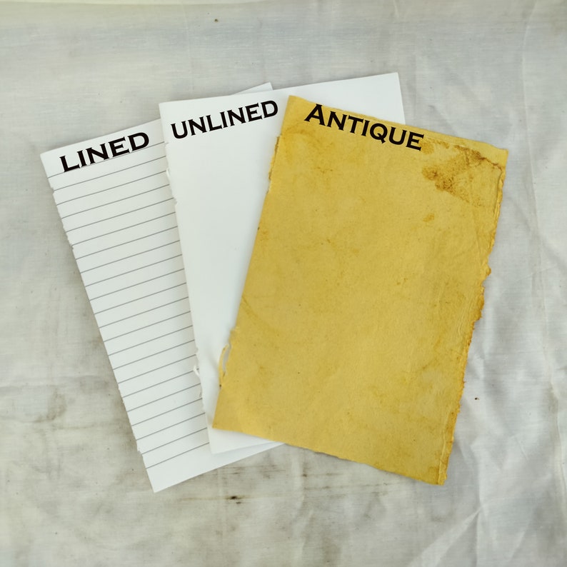 Puede incluir: Tres hojas de papel, una rayada, una sin rayar y una antigua, con las palabras "LINED", "UNLINED" y "ANTIQUE" escritas en ellas.