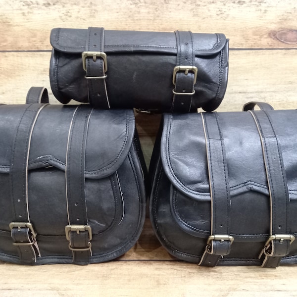 Leather Saddle Bags Motorcycle Bag Black Leather Pouch Saddlebag Motorbike Tool Pouch Set of 3 Bags Saddle Leather bag