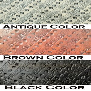 May include: Three samples of leather with a repeating embossed pattern. The samples are in antique, brown, and black colors.