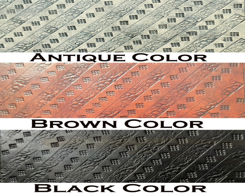 May include: Three samples of leather with a repeating embossed pattern. The samples are in antique, brown, and black colors.