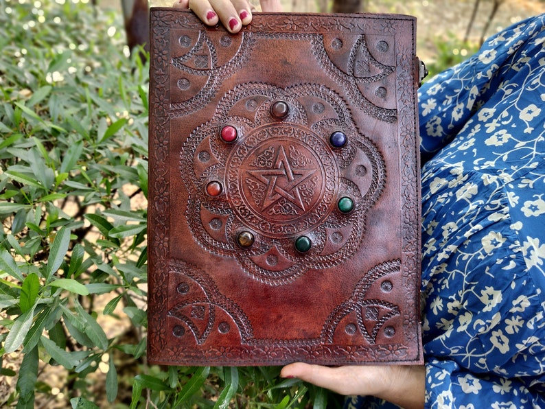 pentagram journal seven stone journal leather notebook book of shadows leather grimoire personalized journal for men journal for women handmade leather extra large journal lined / unlined paper dairy black/brown color journal gift for men women