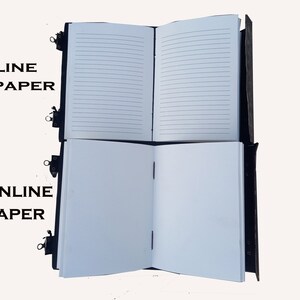 K&ouml;nnte beinhalten: Ein schwarzes, ledergebundenes Tagebuch mit zwei Satz Seiten. Der obere Satz hat liniertes Papier und der untere Satz hat unliniertes Papier. Das Tagebuch hat Metallverschl&uuml;sse an der Seite.