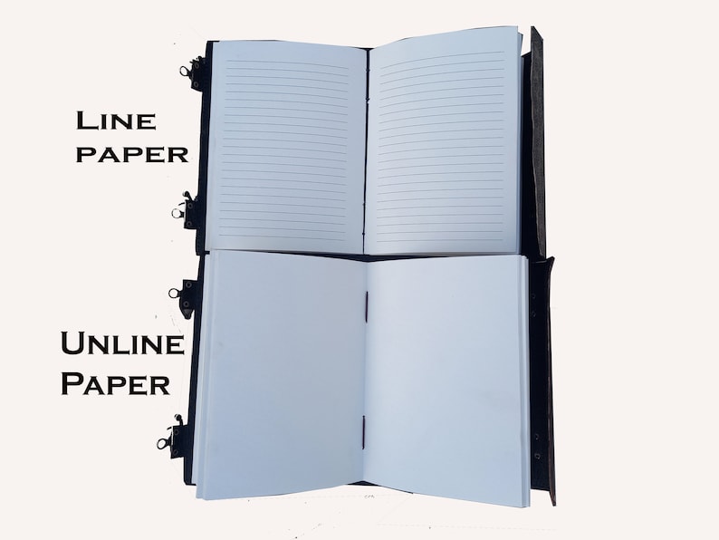 K&ouml;nnte beinhalten: Ein schwarzes, ledergebundenes Tagebuch mit zwei Satz Seiten. Der obere Satz hat liniertes Papier und der untere Satz hat unliniertes Papier. Das Tagebuch hat Metallverschl&uuml;sse an der Seite.