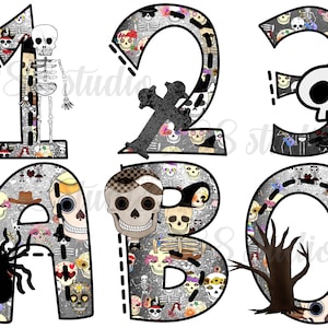 Imágenes prediseñadas del alfabeto Skulll, fuente de Halloween png, letras de esqueleto png, araña, árbol muerto, cruz, cabeza de calavera png, letra fantasma fone, fuentes divertidas