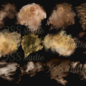 May include: A set of 10 digital watercolour brush textures in various shades of brown, beige, and gold. The textures are abstract and resemble clouds or smoke.