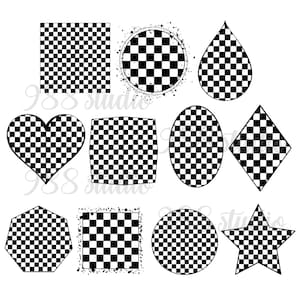 May include: Set of ten black and white checkered shapes, including a circle, square, heart, diamond, star, oval, teardrop, and a hexagon. The shapes are outlined in black and have a checkered pattern.