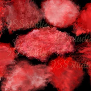 Puede incluir: Nubes abstractas de acuarela roja y rosa sobre un fondo negro. Las nubes tienen diferentes formas y tamaños, y parecen flotar en el aire.